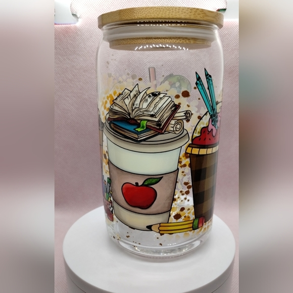 Teacher Life Glass Cup with Bamboo Lid and Glass Straw - NEW Handmade - Picture 5 of 9